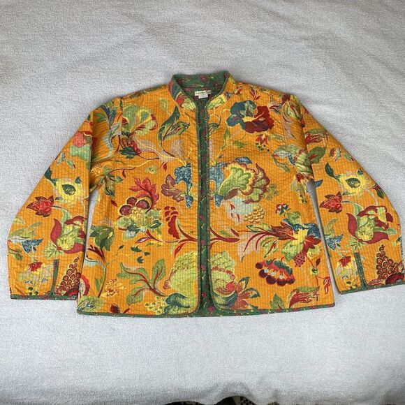 Handprint Long Sleeve Open Front Jacket Women’s M/L Orange Green Floral Cotton - Picture 11 of 16
